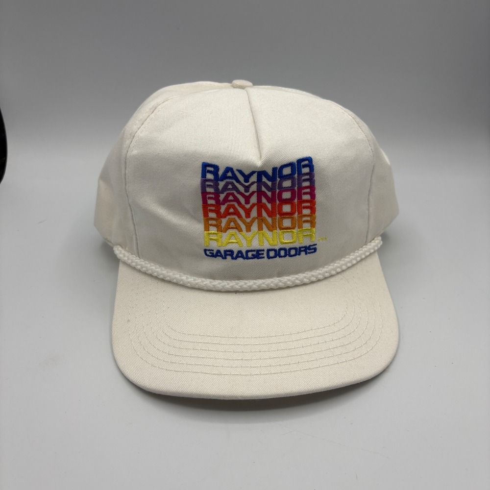 Vintage Raynor Garage Doors Hat White Rainbow Logo Rope Strapback USA Made